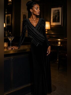 Vintage Cache Black Metallic Stripe Surplice Maxi Dress S/M/L